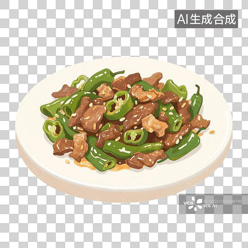 【AI数字艺术】手绘插画，家常菜，下饭菜，青椒炒肉，青椒炒肉片，青椒，猪肉，炒菜，免抠元素图片素材