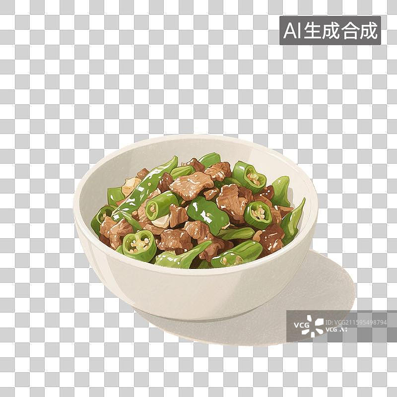 【AI数字艺术】手绘插画，家常菜，下饭菜，青椒炒肉，青椒炒肉片，青椒，猪肉，炒菜，免抠元素图片素材