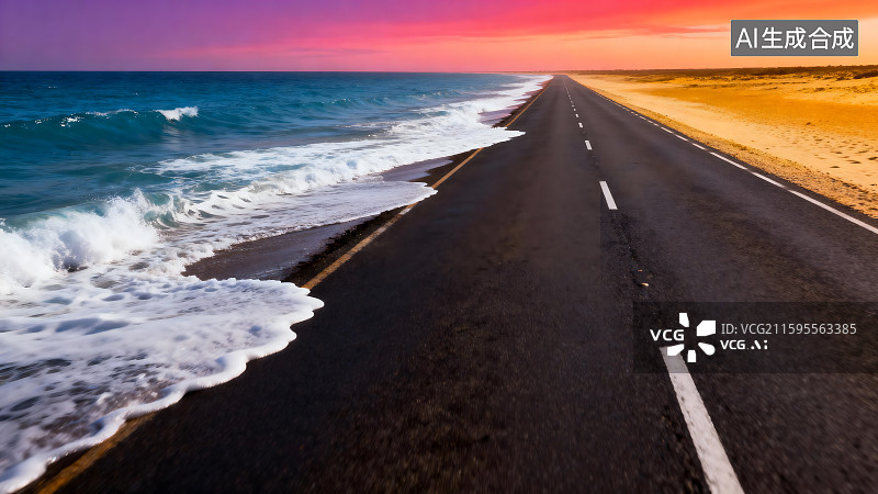 【AI数字艺术】日落时分海边公路美景图片素材