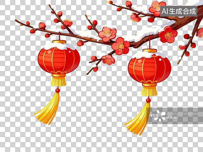 【AI数字艺术】雪中红梅挂红灯图片素材