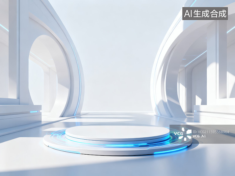 【AI数字艺术】未来科技感展示台 霓虹环形隧道 3D 场景 产品创意展示空间图片素材