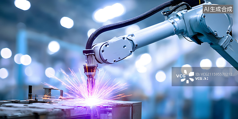 【AI数字艺术】机械臂焊接火花四溅工业场景图片素材
