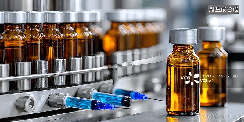 【AI数字艺术】制药生产线上的药瓶与注射器图片素材