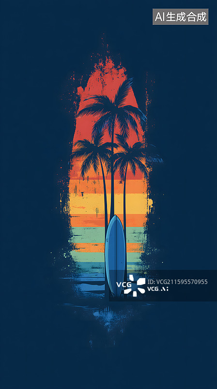 【AI数字艺术】热带海岸日落与冲浪板图片素材