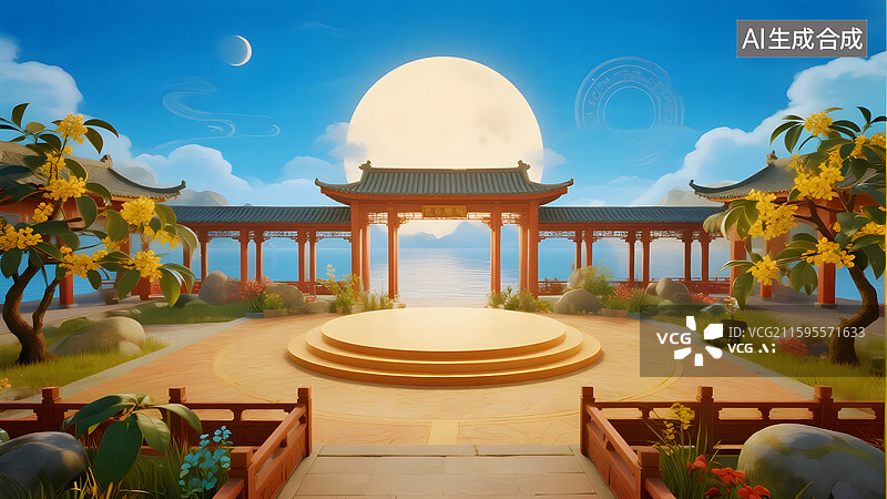 【AI数字艺术】中秋月圆桂花假山园林产品展台建模背景图片素材