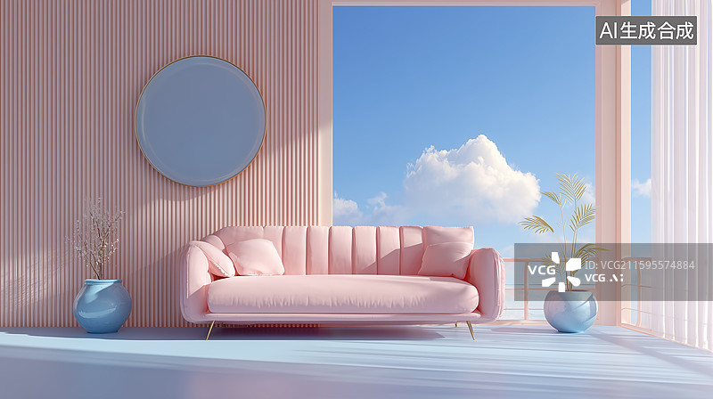 【AI数字艺术】粉蓝柔光客厅图片素材