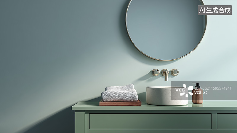 【AI数字艺术】日式极简淡蓝浴室角落图片素材
