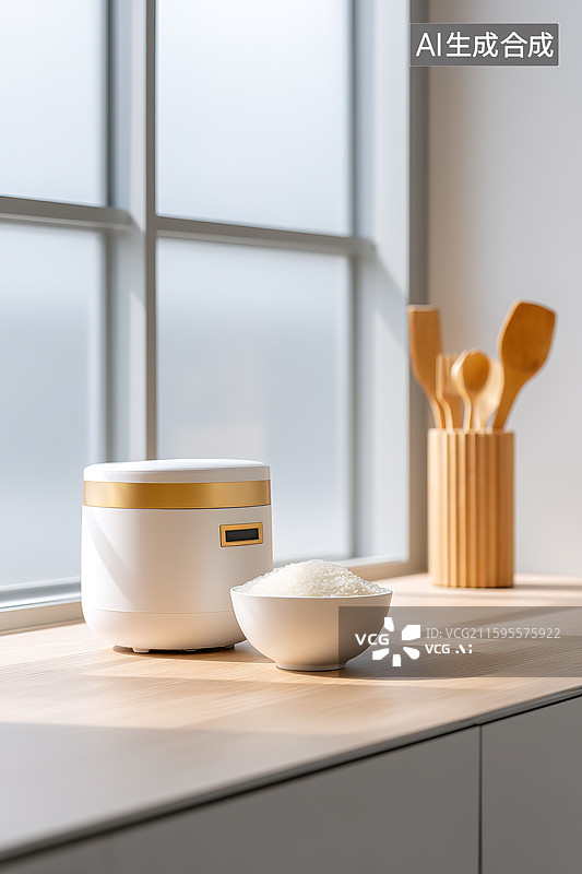 【AI数字艺术】暖色系厨房里的智能电饭煲、米饭和各类厨具图片素材