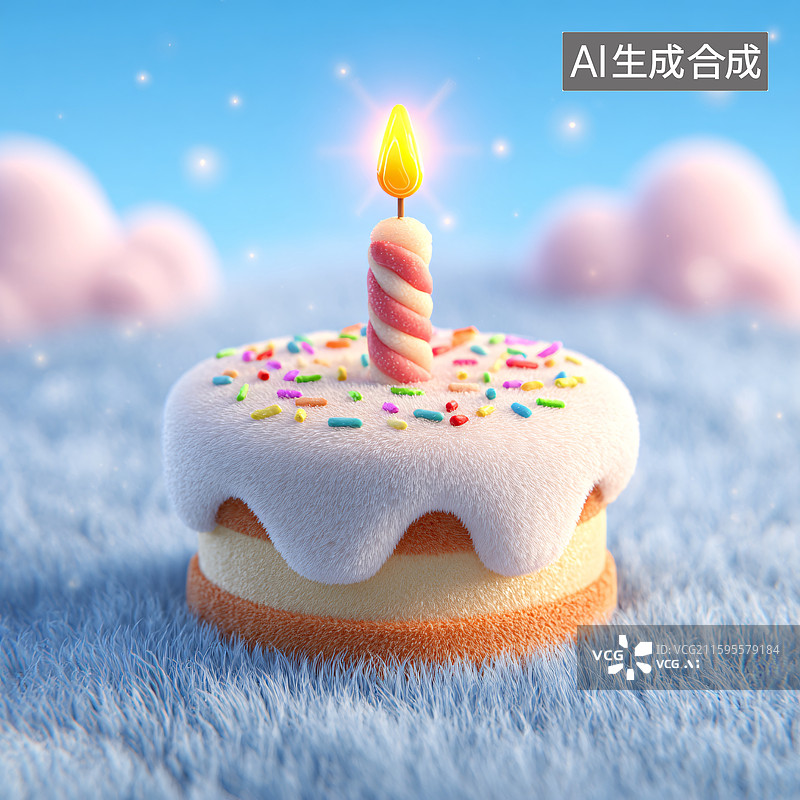 【AI数字艺术】点燃蜡烛的小蛋糕图片素材