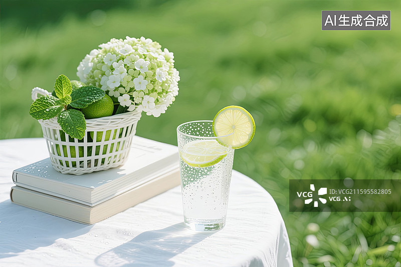 【AI数字艺术】桌上的柠檬薄荷水书籍绣球花和绿草地图片素材
