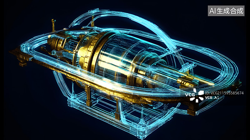 【AI数字艺术】蓝色光轨环绕的金色机械装置图片素材