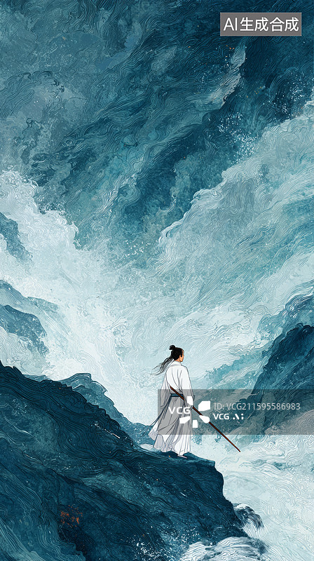【AI数字艺术】白衣行者立于巨浪之巅图片素材