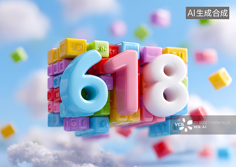 【AI数字艺术】彩色积木拼图艺术字618购物节图片素材