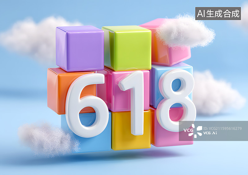 【AI数字艺术】彩色积木拼图艺术字618购物节图片素材