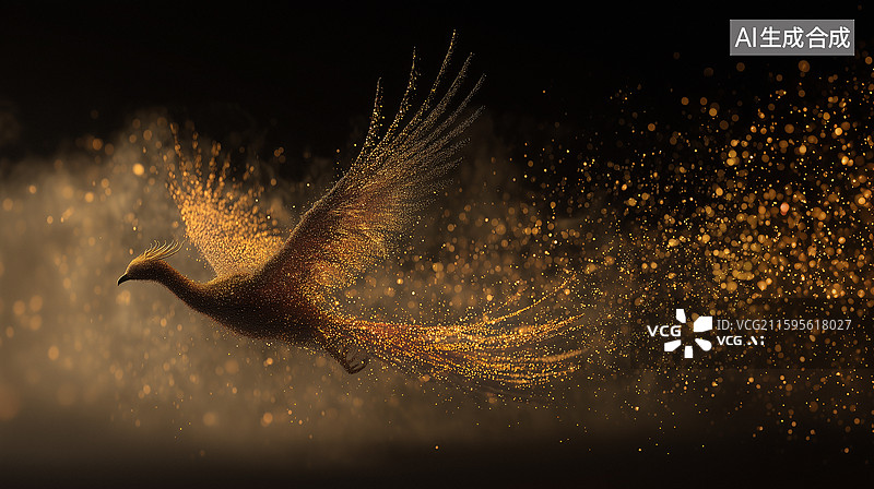 【AI数字艺术】金色展翅飞翔光效粒子凤凰图片素材