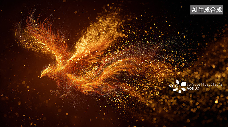 【AI数字艺术】金色展翅飞翔光效粒子凤凰图片素材