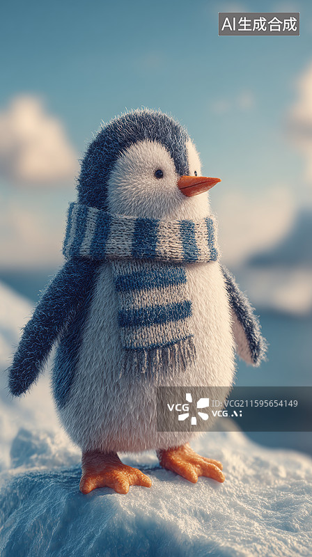 【AI数字艺术】戴围巾的小企鹅站在雪地图片素材