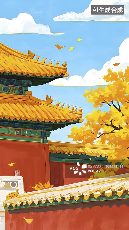 【AI数字艺术】秋天的中国宫殿建筑风景彩绘图片素材