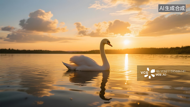 【AI数字艺术】夕阳下的天鹅图片素材