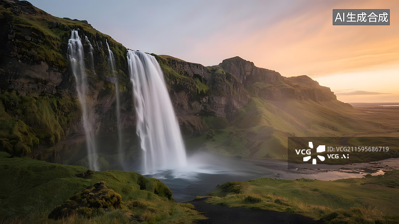 【AI数字艺术】壮丽瀑布日落风光图片素材