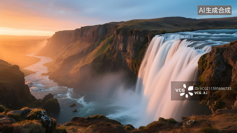 【AI数字艺术】壮丽瀑布日落风光图片素材