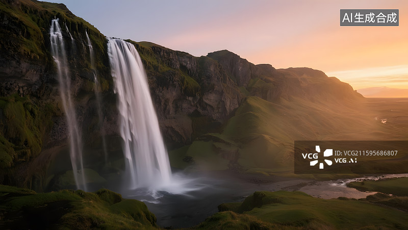 【AI数字艺术】壮丽瀑布日落风光图片素材