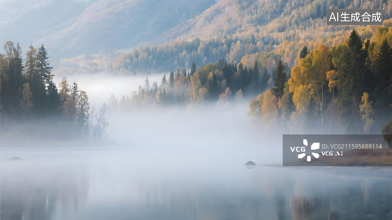 【AI数字艺术】云雾缭绕山间秋景图片素材