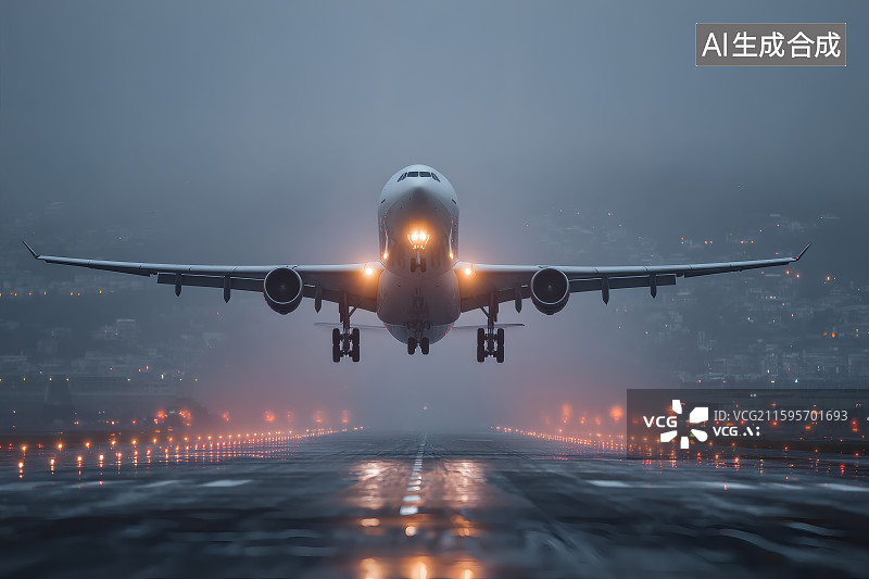 【AI数字艺术】机场跑道上一架正在起飞的飞机图片素材