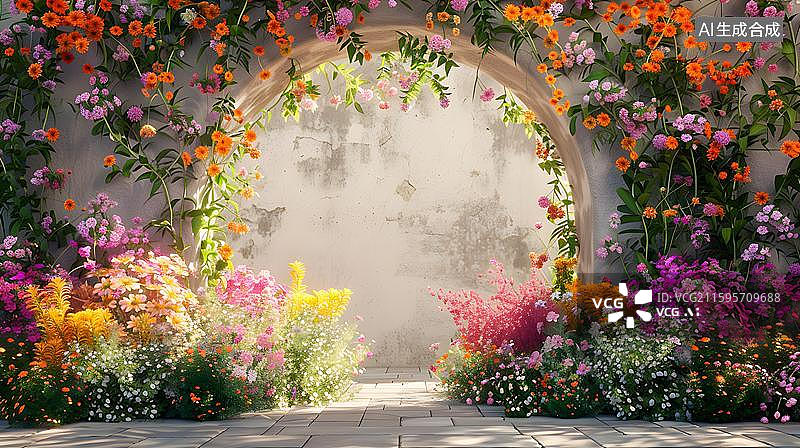 【AI数字艺术】拱形花门阳光庭院 鲜花簇拥的庭院拱门  梦幻花卉门廊创意抽象背景  春日花园秘境背景 唯美的室内花园图片素材
