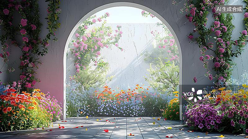 【AI数字艺术】拱形花门阳光庭院 鲜花簇拥的庭院拱门  梦幻花卉门廊创意抽象背景  春日花园秘境背景 唯美的室内花园图片素材