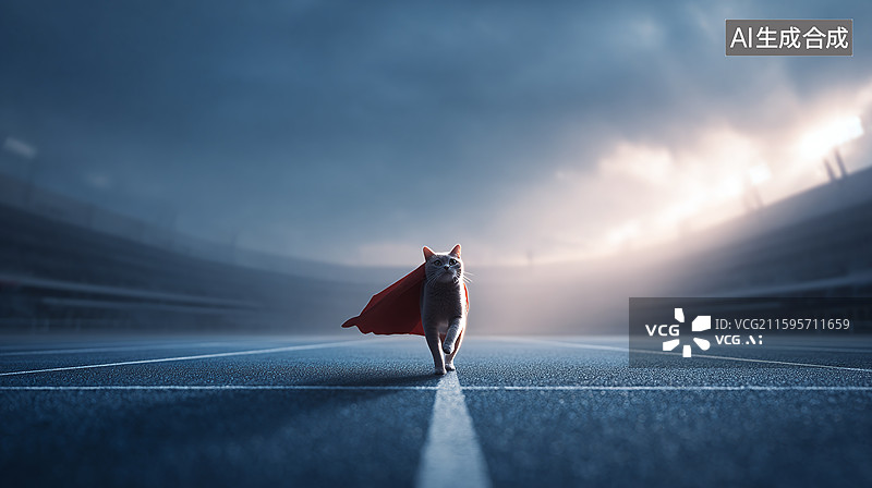 【AI数字艺术】体育场内披着红披风的猫咪图片素材