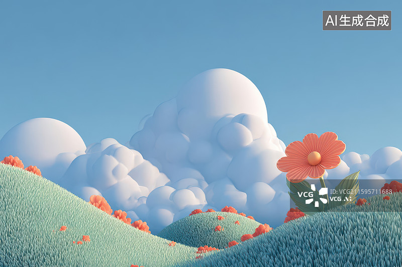 【AI数字艺术】绿地白菊花瓣山丘云朵自然风景图片素材