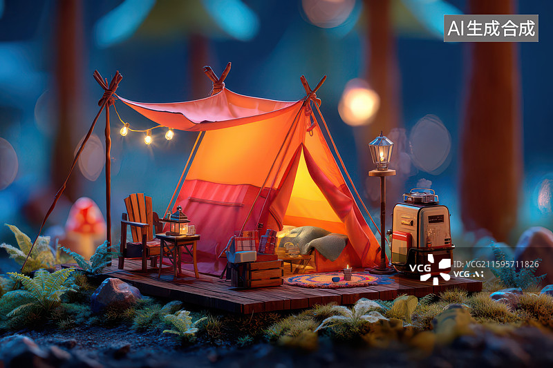 【AI数字艺术】夜晚森林条纹帐篷灯光露营场景图片素材
