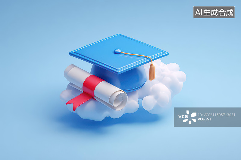 【AI数字艺术】毕业学士帽证书云朵梦幻蓝色背景图图片素材