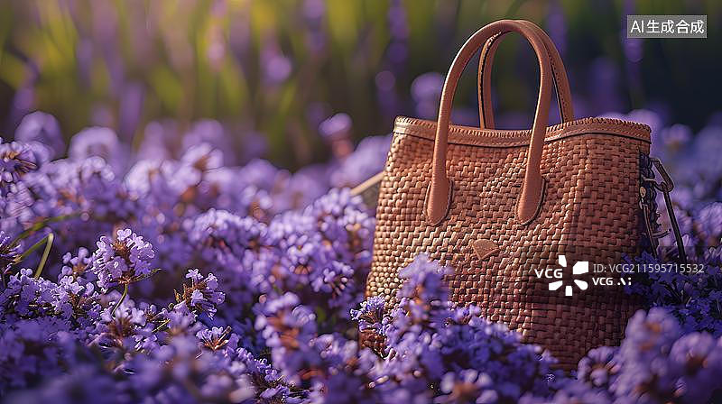 【AI数字艺术】薰衣草花田与草编包 夕阳下的田园风手提包  紫色花朵中的时尚手提包 优雅手提包与薰衣草花海图片素材
