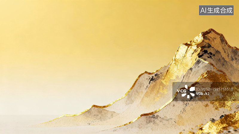 【AI数字艺术】浅黄色背景上唯美金色山脉，海报插画背景图片素材