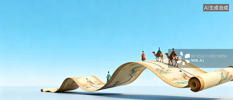 【AI数字艺术】浅蓝色背景上呈现一副卷轴里的丝绸之路图片素材