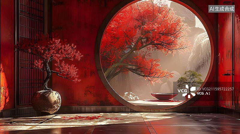 【AI数字艺术】中式红圆窗庭院秋景 古风红叶禅意空间  中式庭院风格设计的室内空间  红色传统建筑内部场景图片素材