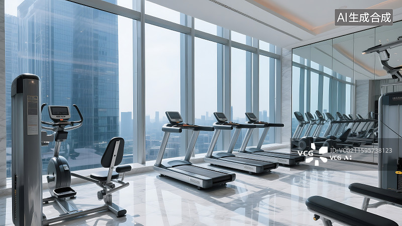 【AI数字艺术】商业区的室内健身房 摩天大楼 CBD 写字楼酒店 体育运动 健身塑形图片素材