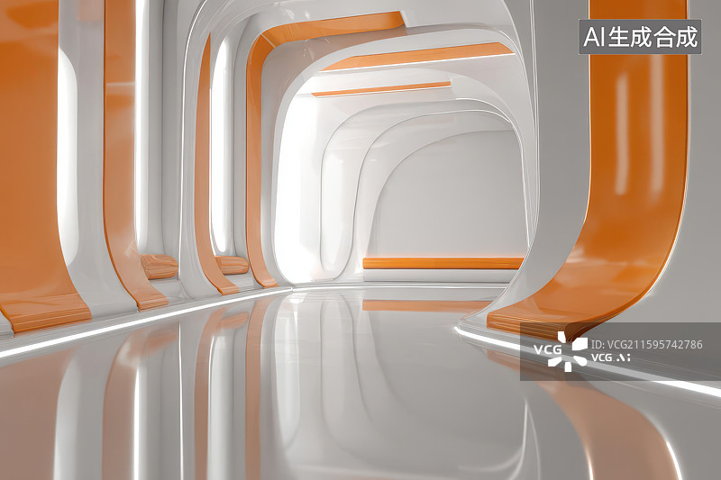 【AI数字艺术】嵌套光带柱体镜面未来科技空间图图片素材