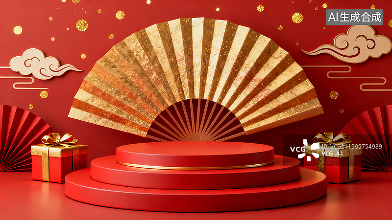 【AI数字艺术】红金中式扇舞礼盒促销展台图片素材