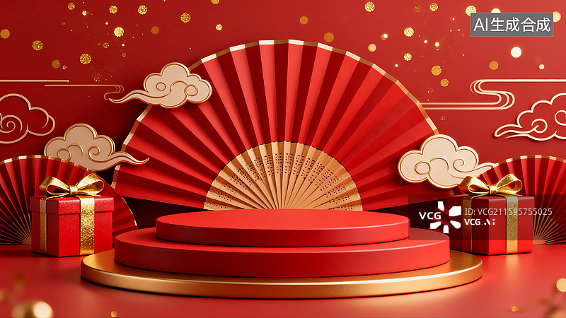 【AI数字艺术】红金中式扇舞礼盒促销展台图片素材