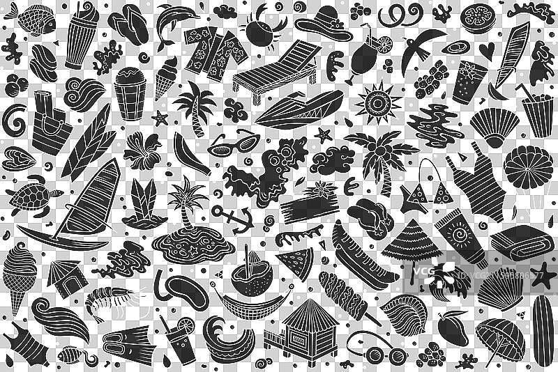 夏季海滩主题的涂鸦卡通图案集图片素材