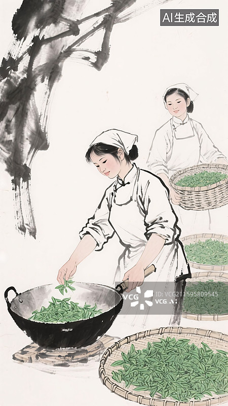 【AI数字艺术】传统制茶工艺手工炒茶图片素材