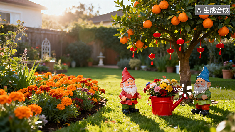 【AI数字艺术】花园小矮人和橙树图片素材