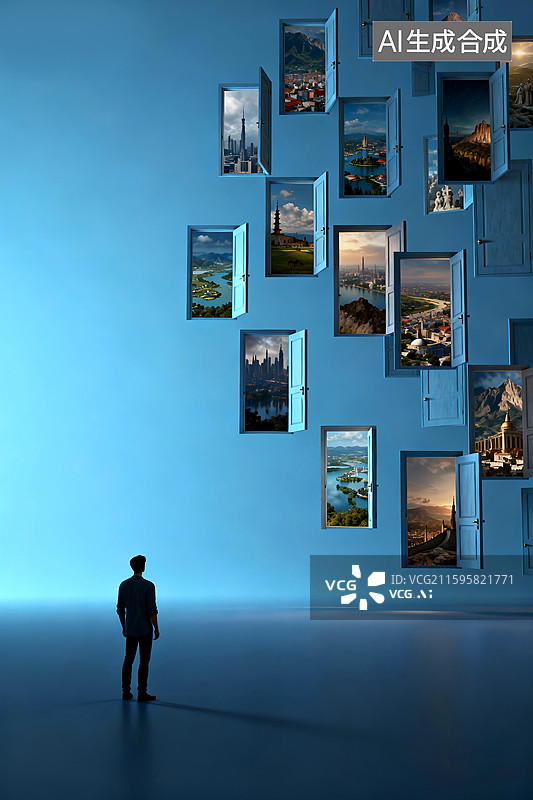 【AI数字艺术】选择正确的漂浮在蓝色空间中的门，旅行的目标，海报封面插画图片素材