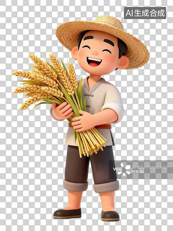 【AI数字艺术】3D风格手绘插画风格秋天丰收的喜悦捧着稻穗的农人形象图片素材