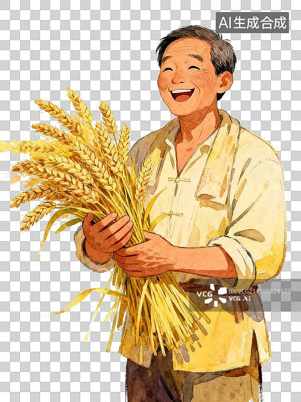 【AI数字艺术】3D风格手绘插画风格秋天丰收的喜悦捧着稻穗的农人形象图片素材