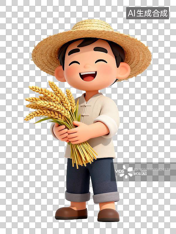 【AI数字艺术】3D风格手绘插画风格秋天丰收的喜悦捧着稻穗的农人形象图片素材