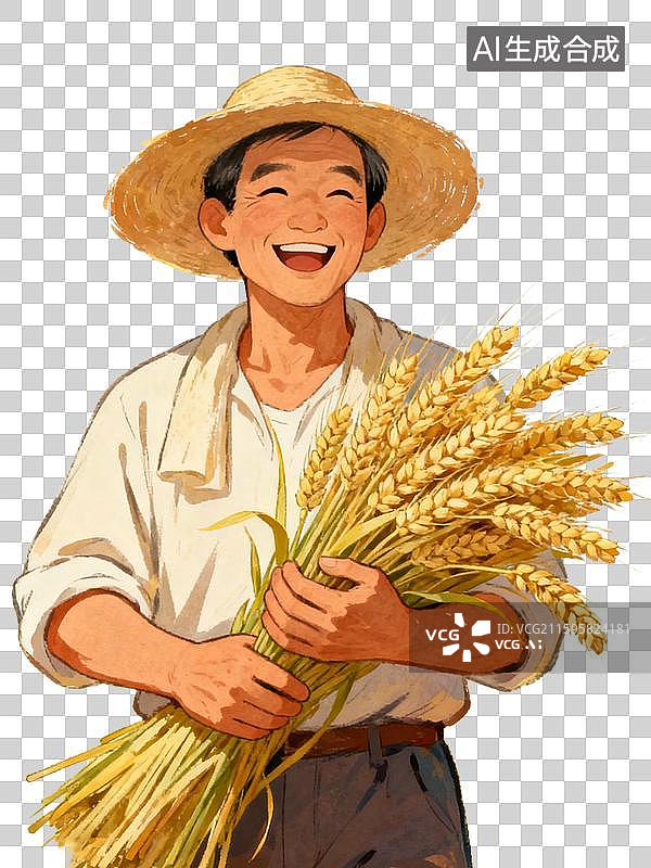 【AI数字艺术】3D风格手绘插画风格秋天丰收的喜悦捧着稻穗的农人形象图片素材